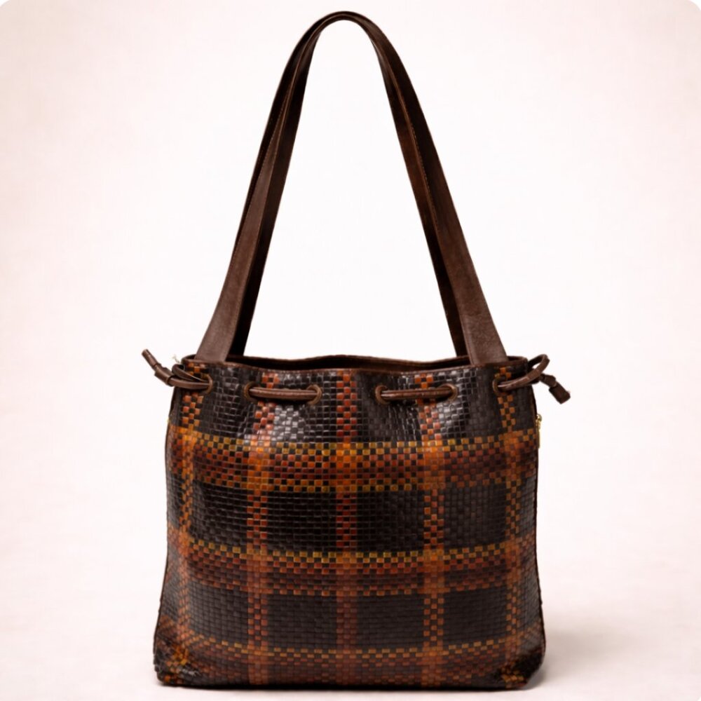 Vintage CEM Woven Leather Shoulder Bag | Brown‎ Check | Boho Artisan Tote